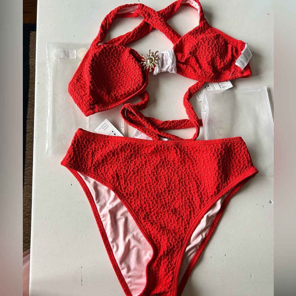 NWT Cupshe Forever & Always Red Textured Two-Piece Bikini with Jewel Accent